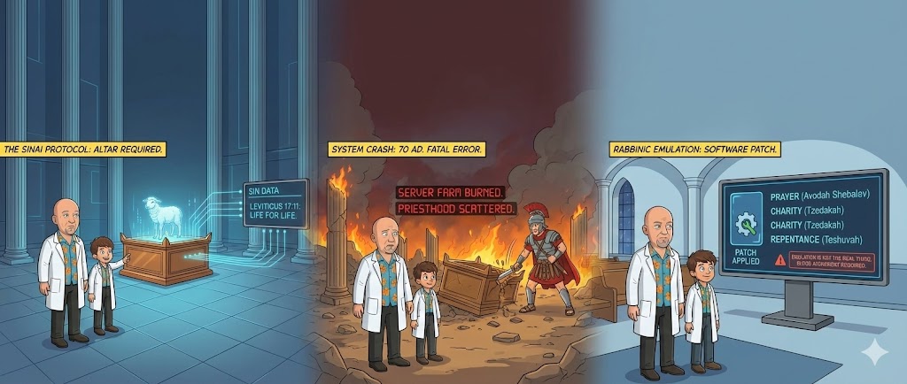 Conceptual visual: The Second Temple as server hardware, with digital 'System Offline' overlays to represent its destruction and the cessation of the original atonement protocol